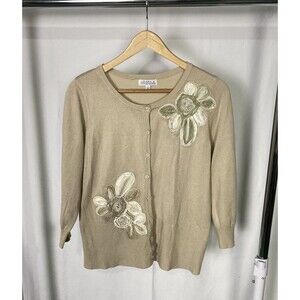 Joseph A. Floral Crepe Applique Tan Knit Button Up Cardigan Sz Medium 3/4 Sleeve
